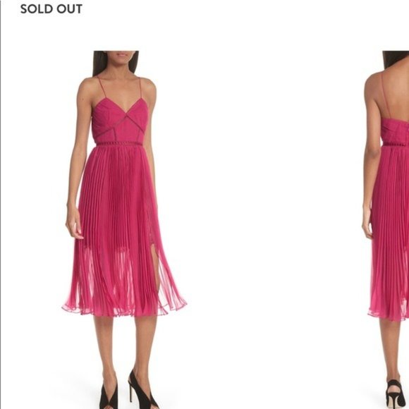 NEW SELF-PORTRAIT Layered lace and pleated chiffon midi dress hot pink NWT - Picture 9 of 9